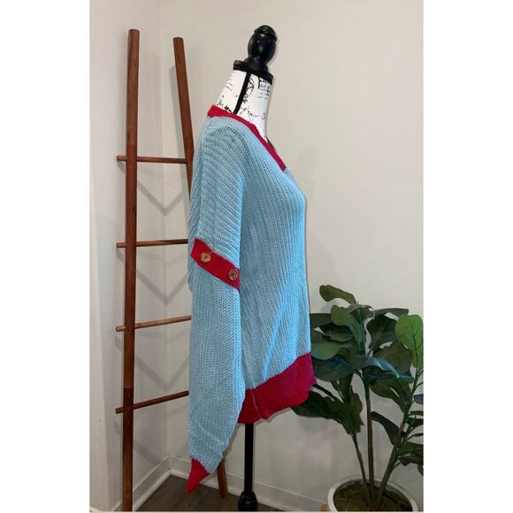 MSRP$59 Umgee Blue Red Colorblock Button Sleeve Knit Sweater Size XL QUICK SHIP - Picture 2 of 6